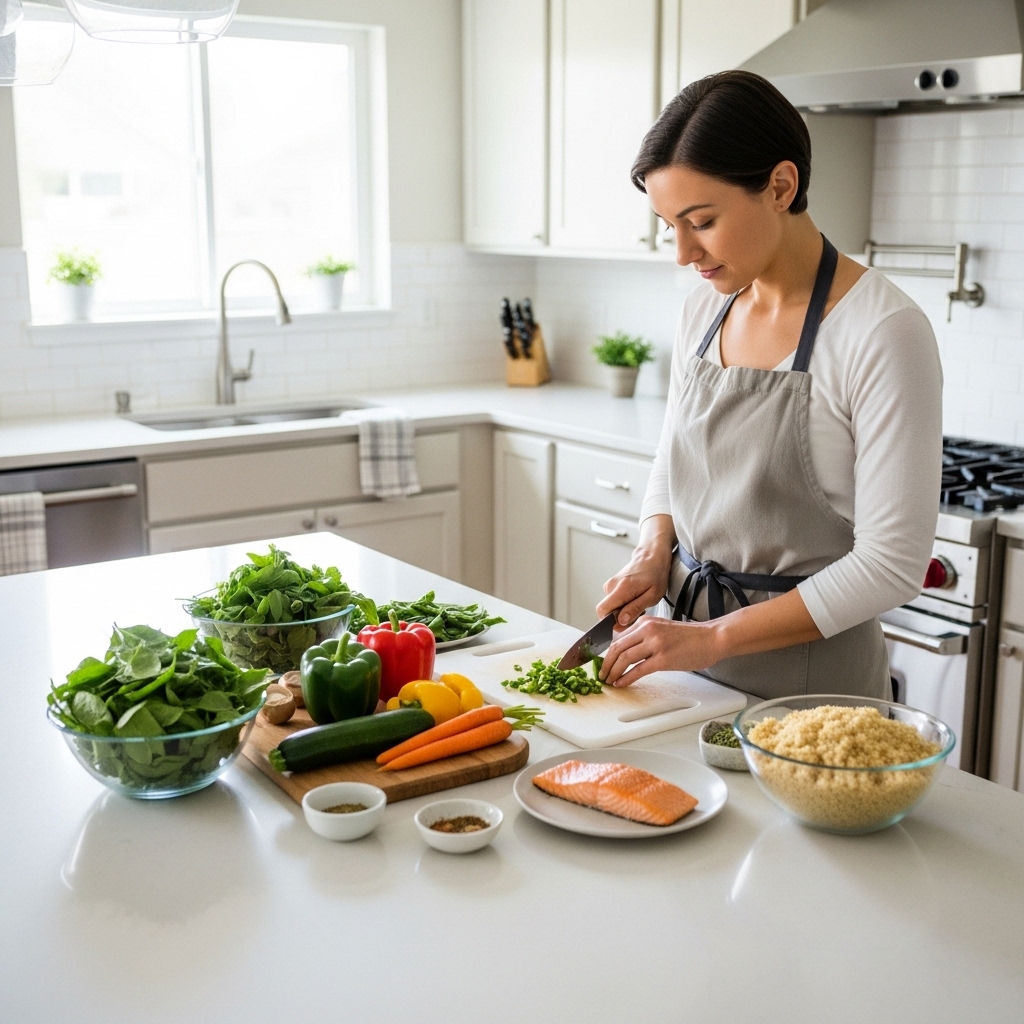 Organized kitchen workspace prepared for weekly meal planning