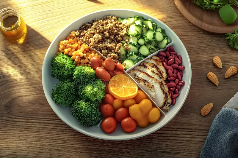 Balanced morning meal featuring whole grains and fresh fruit portions